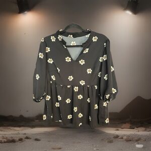 Modern Black Floral Peplum Blouse Size 1XL Puff Sleeve V-Neck Top